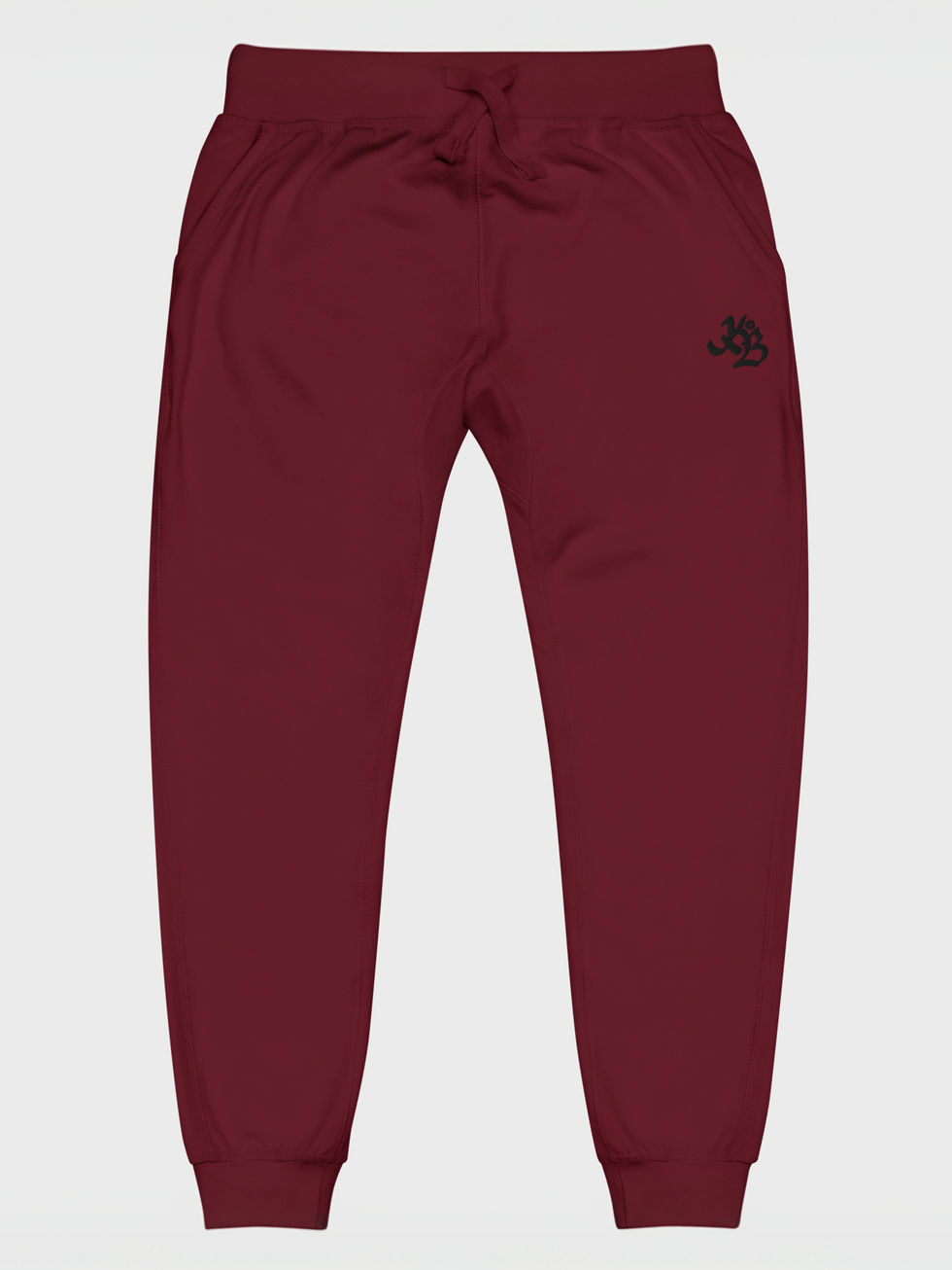 flat front view of a maroon jogger pant with a krew of ballers black embroidered logo under left front pocket enter