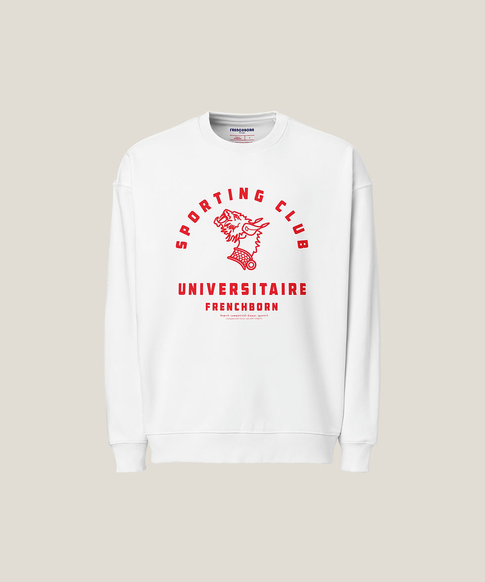 vue 3 D de face, sweatshirt oversized ras-du-cou blanc imprimé Sporting Club Universitaire devant