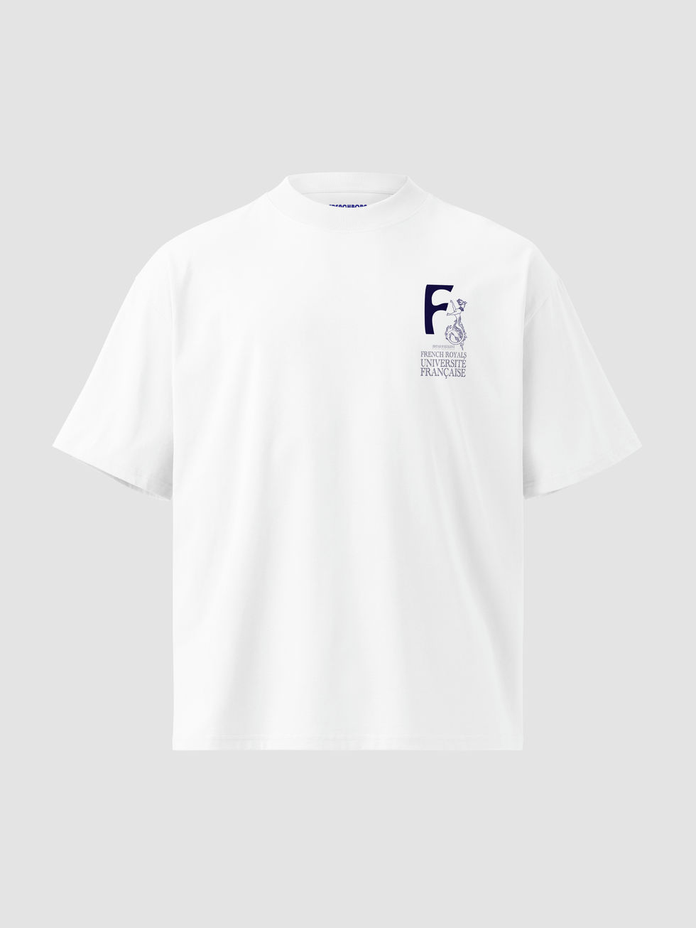 vue 3D homme, T--shirt oversized blanc au logo French Royals Université Française