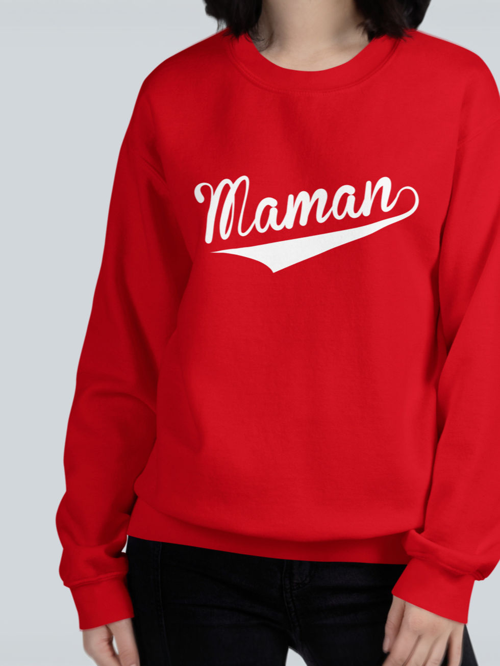 woman-posing-in-a-red-crewneck-witha-white-maman-printed-on-chest