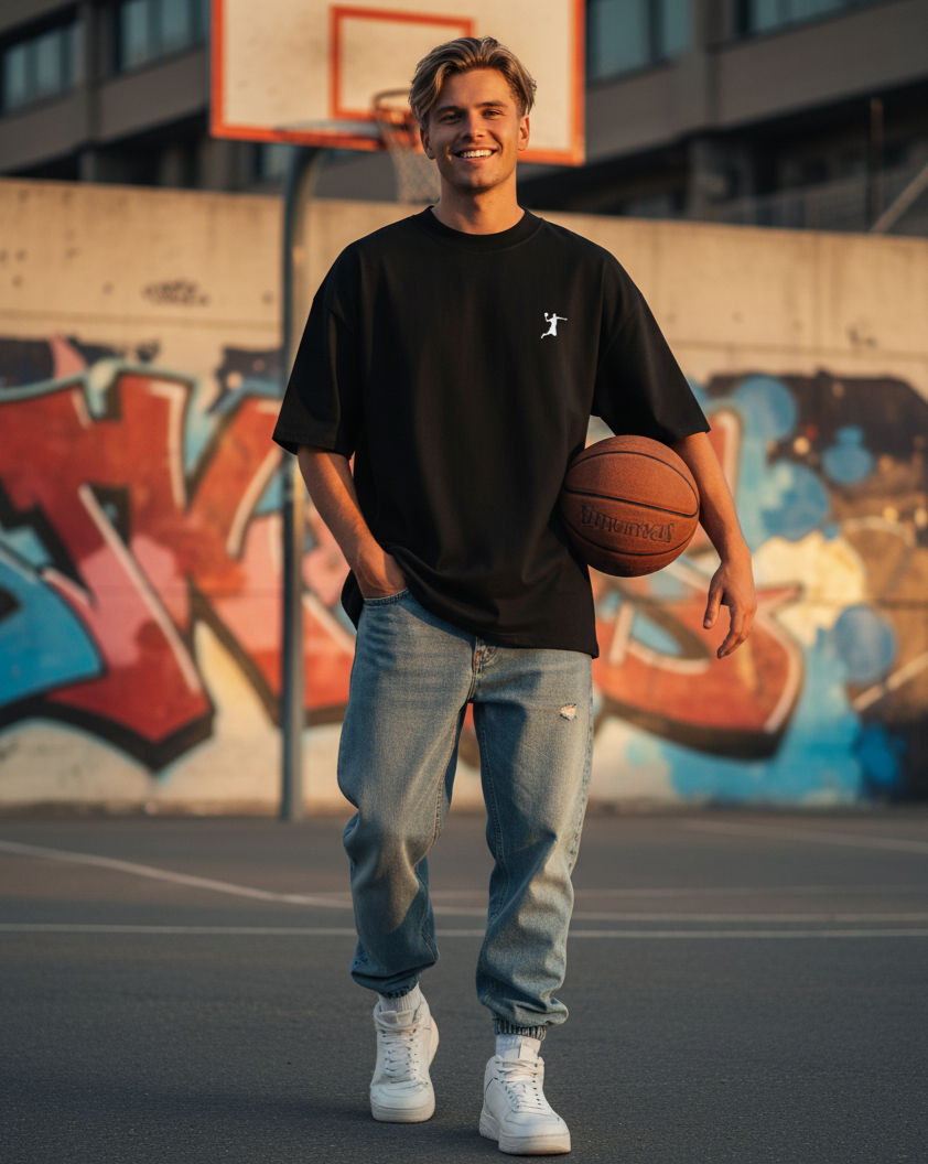 homme caucasien souriant en jogger en jean bleu et T-shirt oversized noir au logo Player Shadow en blanc côté coeur