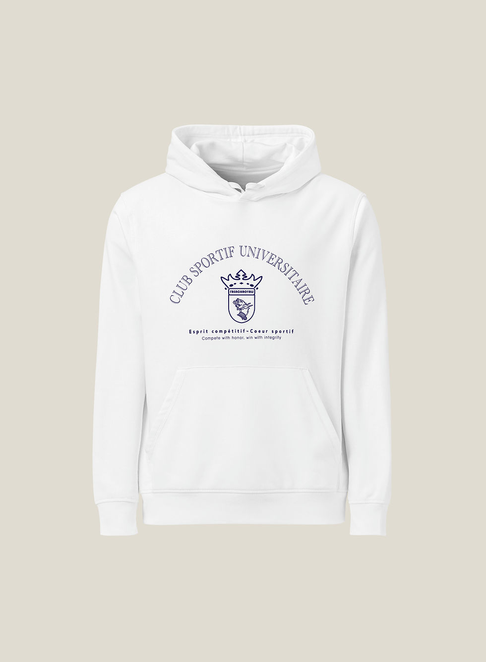 sur fond coquille d'oeuf, vue de face du hoodie adulte de couleur blanc "Club Sportif Universitaire" de Frenchborn
