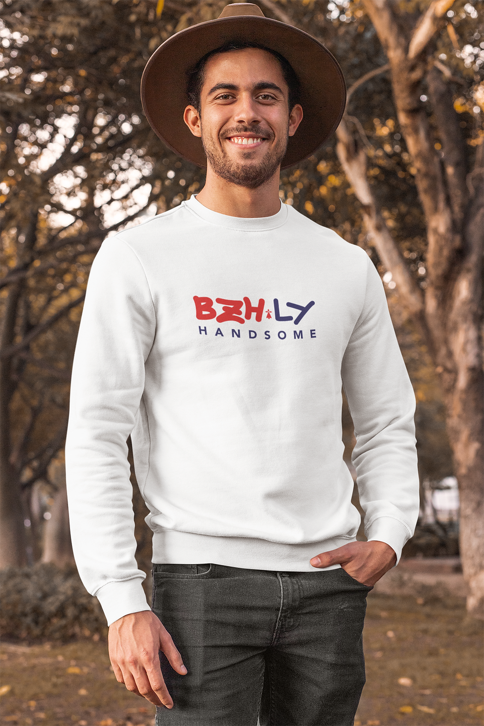 man with a hat wearing a bzh-ly handsome printed white crewneck sweatshirt