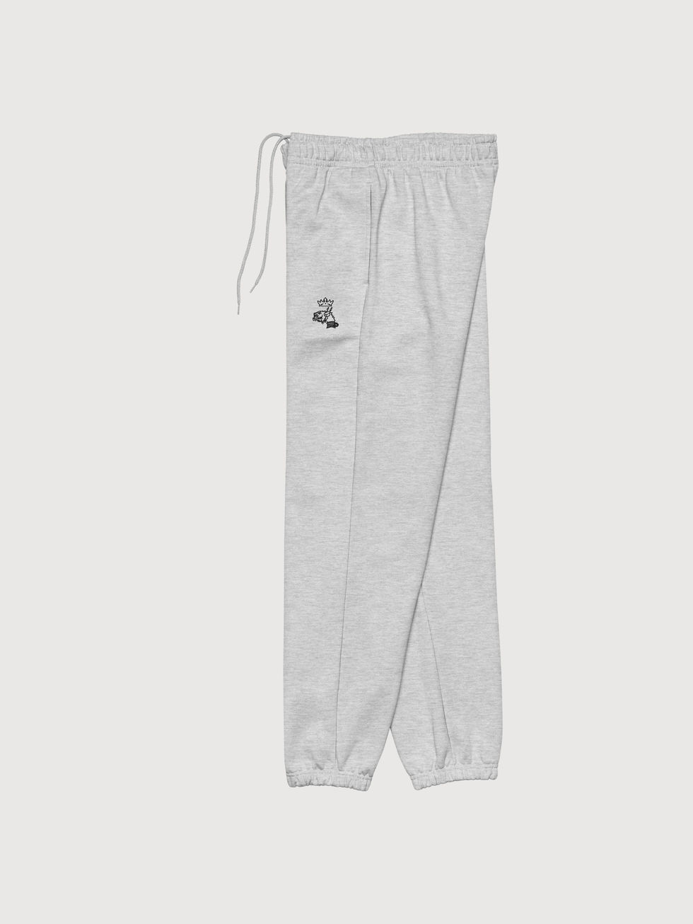 vue jambe gauche, à-plat, jogger molleton gris chiné, coupe 90's brodé logo Mascotte en noir devant