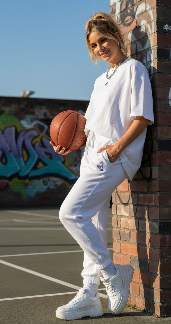 jeune basketteuse qui se repose contre un mur en total lokk blanc, t-shirt et jogger brodé Mascotte Frenchborn en bleu