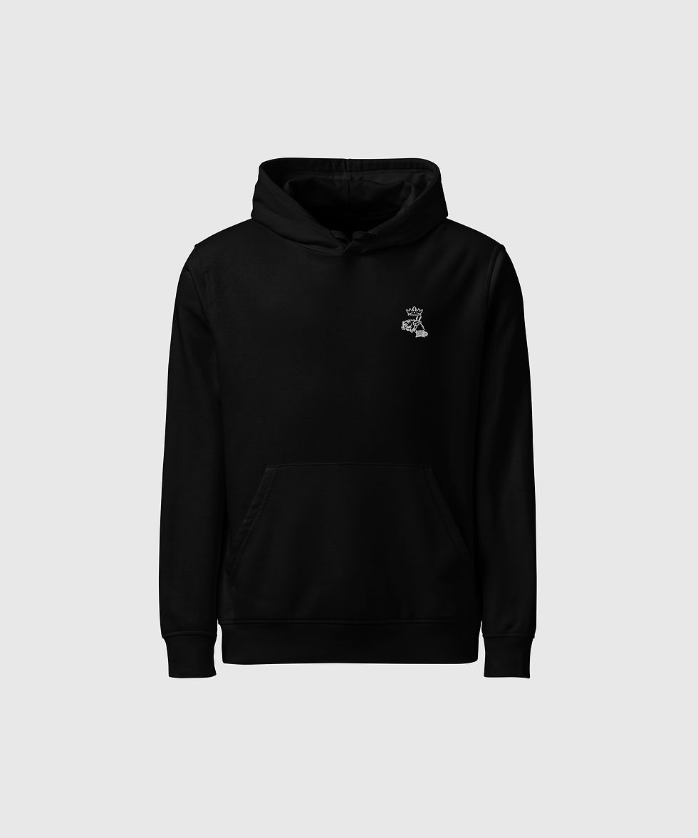 vue de face du hoodie adulte noir, logo brodé blanc Mascotte côté coeur