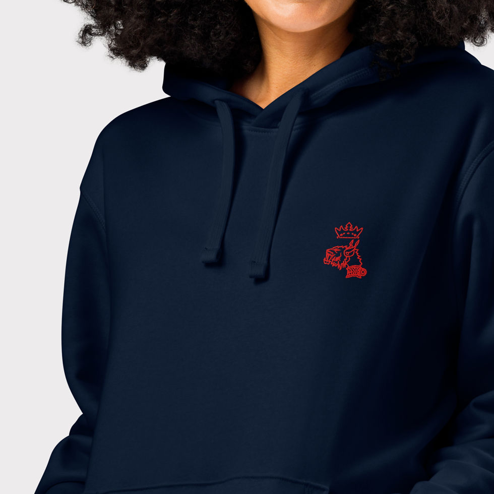 gros plan sur logo Mascotte brodé rouge sur le hoodie bleu marine de Frenchborn