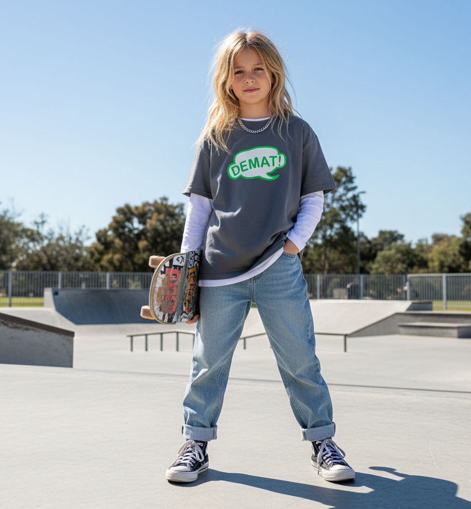 fillette de type caucasien au look de skateuse jean, superposition tee a manches longues et T-shirt a logo Bulle Demat devant