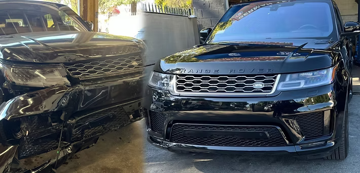 Damaged and fully repaired black Range Rover, restored by Collision Buddy.