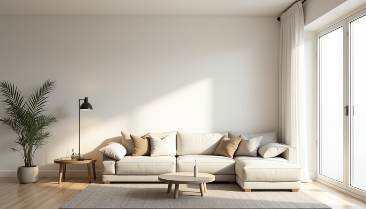Vue en plongée d’un salon lumineux avec des murs clairs et un mobilier minimaliste