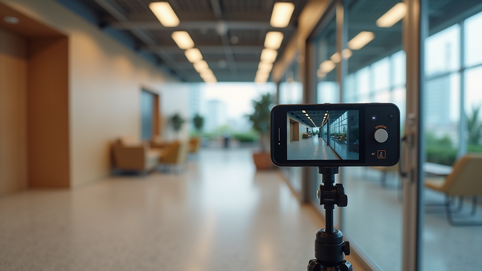 Eye-level view of a Matterport 3D scanner capturing interior space of a commercial building