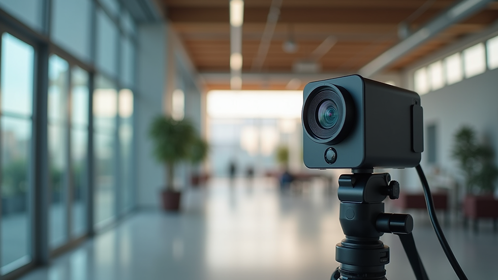 Eye-level view of a Matterport camera setup in a commercial building
