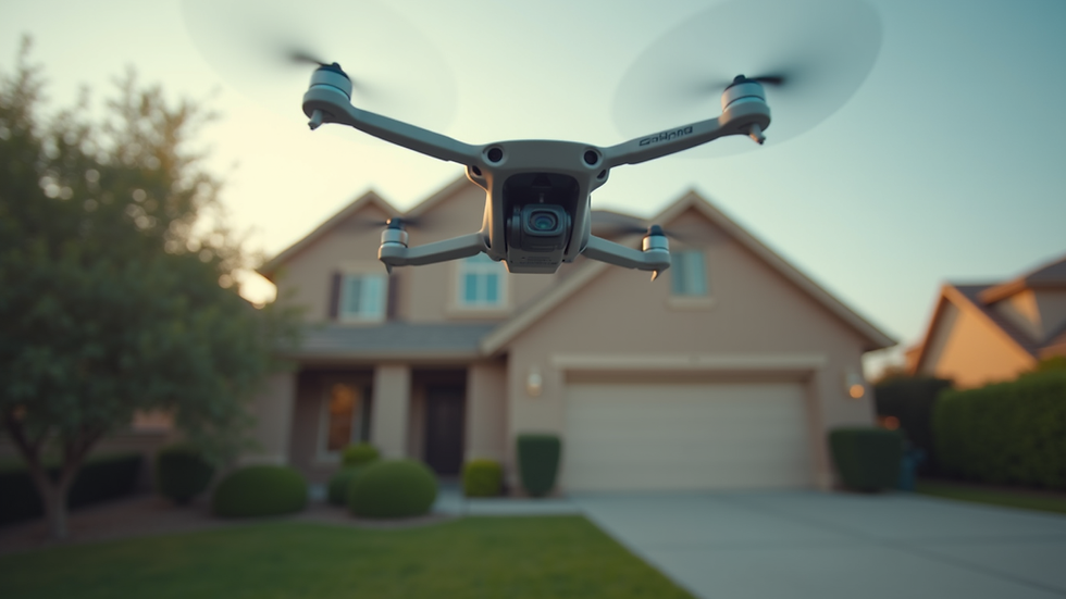 Eye-level view of a drone hovering over a residential property