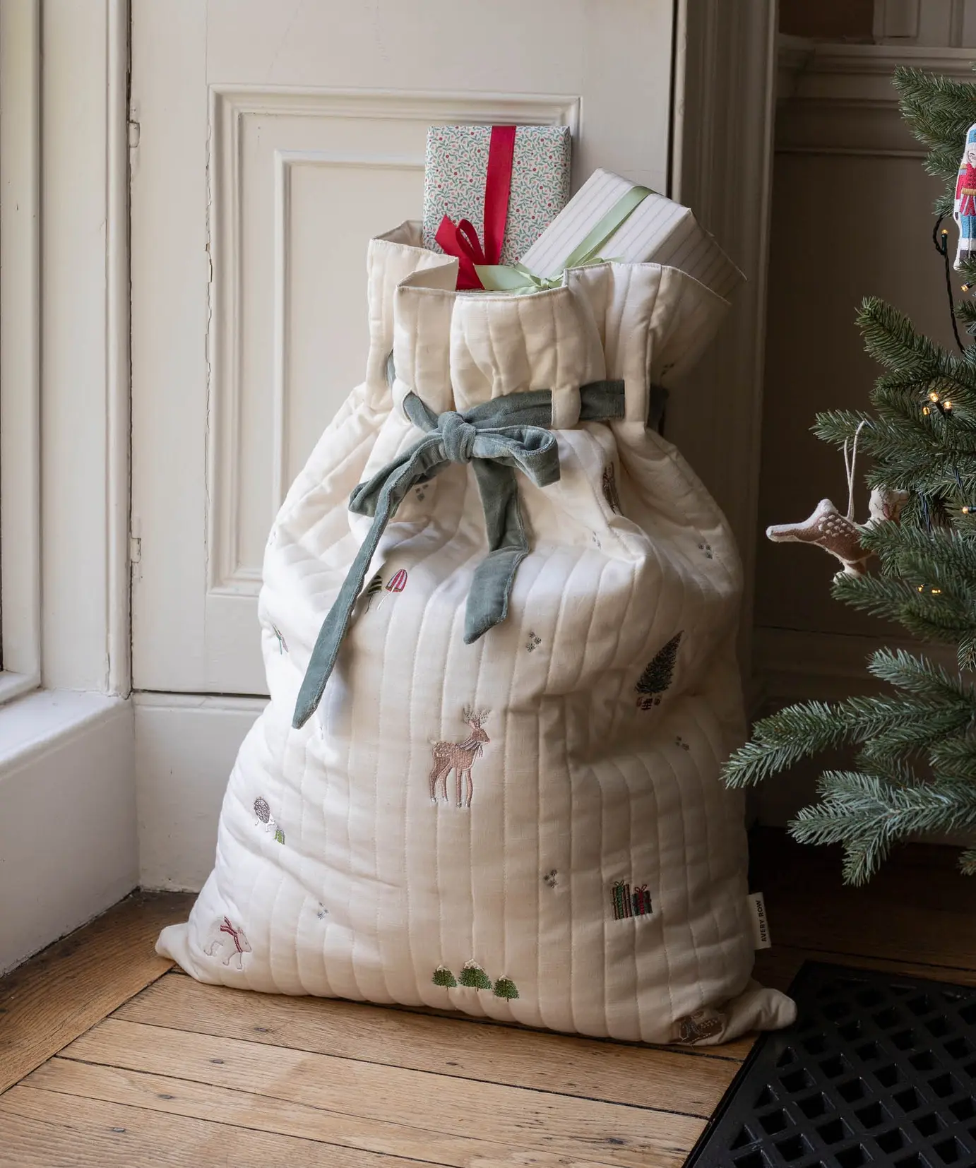 Organic Cotton Christmas Present Sack Christmas Green Velvet Tie