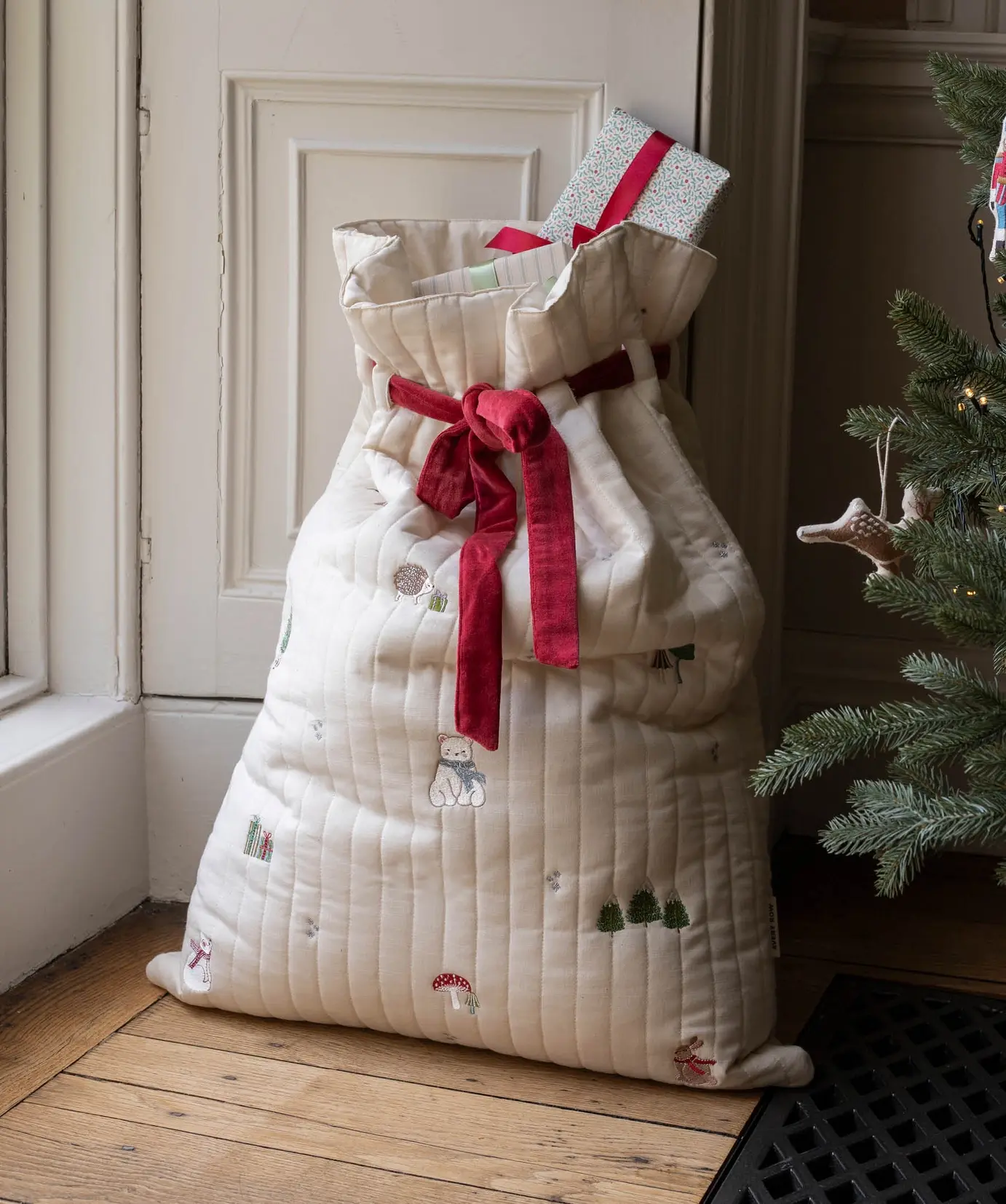 Organic Cotton Christmas Present Sack Red Velvet Tie