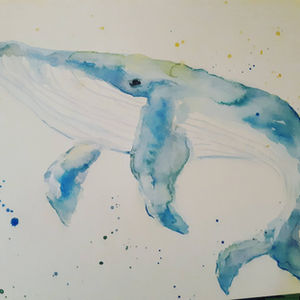 Loose watercolor painting of a blue whale