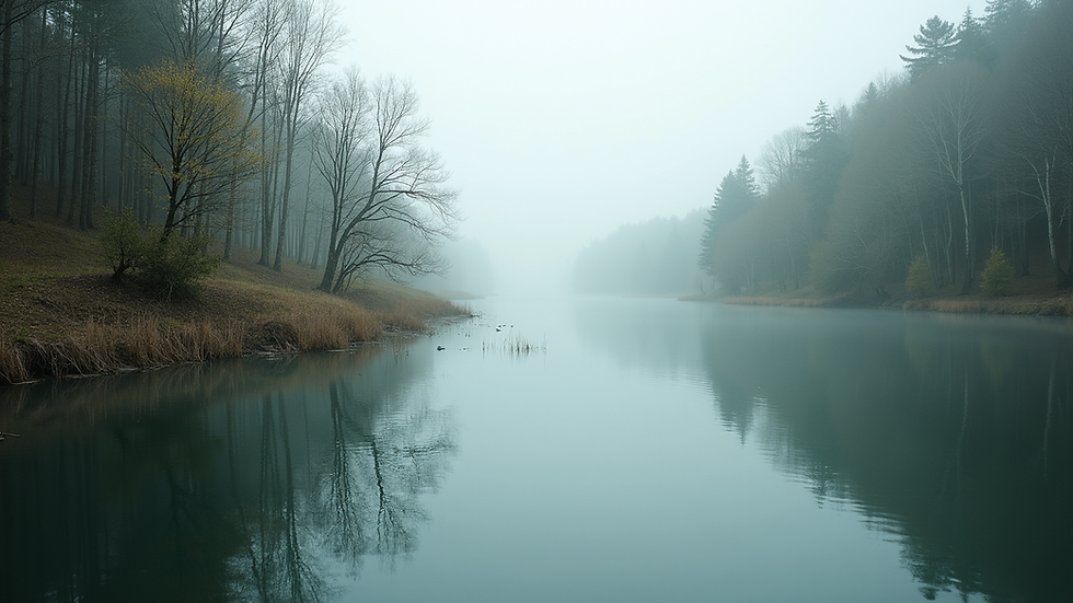 Eye-level view of a serene landscape with a calm lake and surrounding trees
