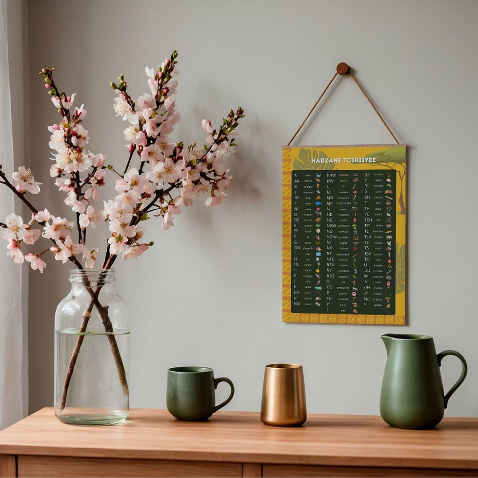 Hadza alphabet design on a 30x40cm high quality poster hanging in a cozy corner at home