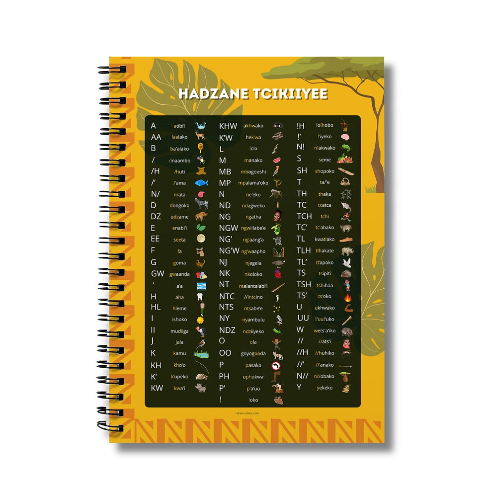 Hadza alphabet design on the cover of a notebook