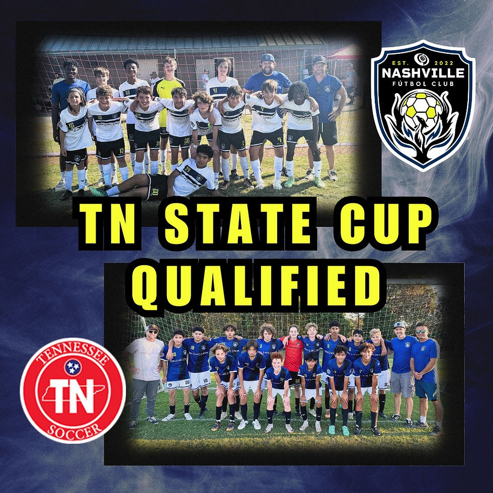 Two teams from Nashville Fútbol Club posing in their uniforms with coaches, celebrating their qualification for the Tennessee State Cup. The text 'TN State Cup Qualified' is displayed in bold yellow letters, along with the Nashville Fútbol Club and Tennessee Soccer logos.
