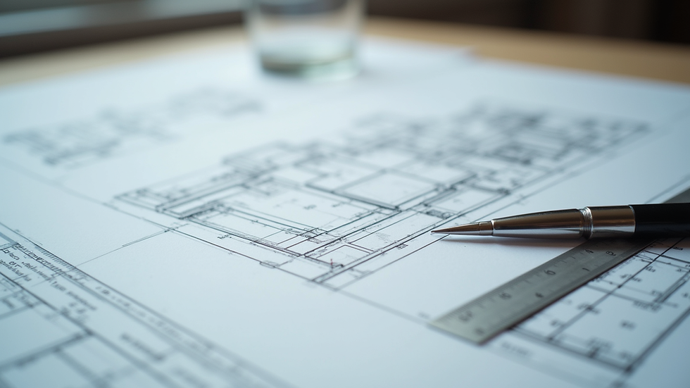 Eye-level view of architectural plans on a desk with a scale ruler