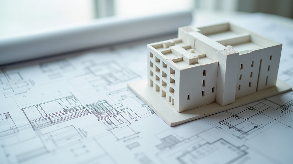 High angle view of architectural blueprints and a scale model of a London building