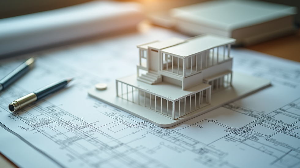 High angle view of architectural blueprints and a scale model on a desk