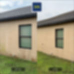 Before and after photo of a stucco home with algae buildup which was removed with soft washing in Ellenton FL
