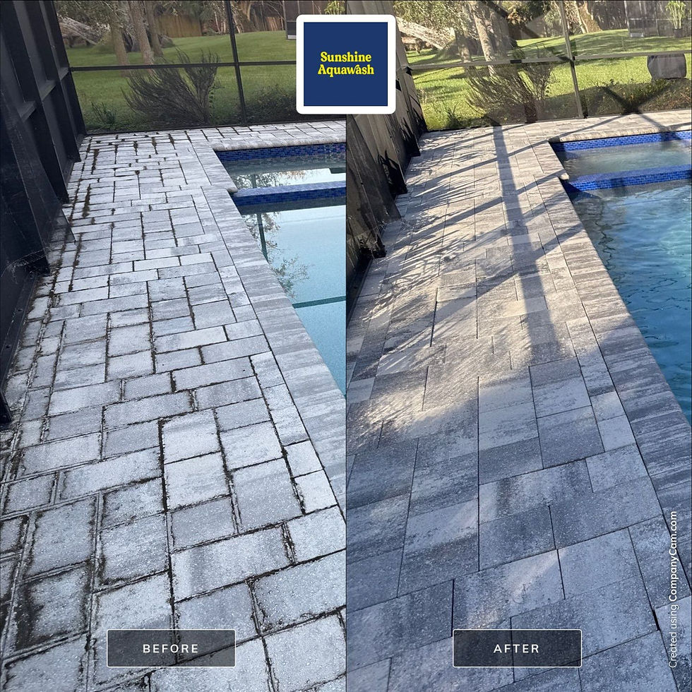Before and after comparison of poolside tiles cleaned by Sunshine Aquawash. Left: dirty gray tiles. Right: clean tiles in sunlight.