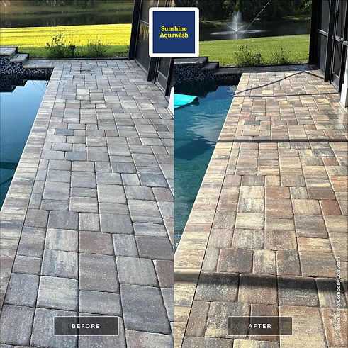 Paver Pool Deck Cleaning before and after pressure washing Sunshine AquaWash