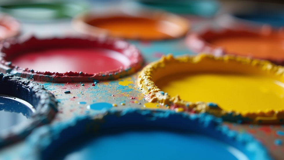 Close-up view of a vibrant paint palette with various colors