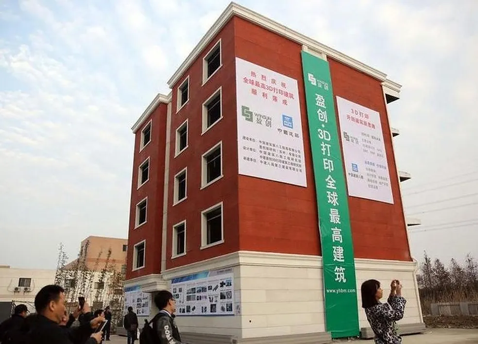 Prédio de 5 pavimentos erguido em 2015 na cidade de Shuzhou na China utilizando impressora 3D.