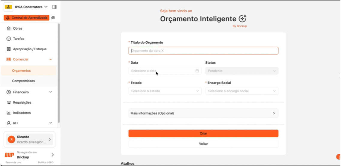 Tela do Orçamento Inteligente da Brickup em ação.