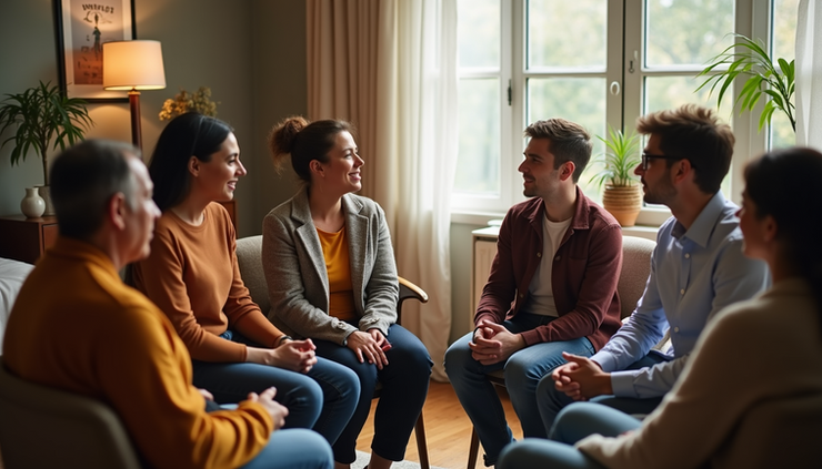 Eye-level view of a small group sitting in a circle in a cozy room, sharing and listening attentively