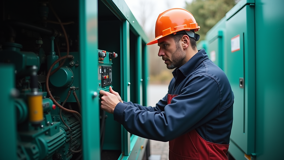 Eye-level view of a technician inspecting a generator outdoors