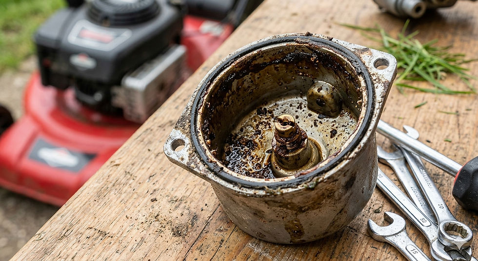 Eye-level view of a small engine carburetor being cleaned