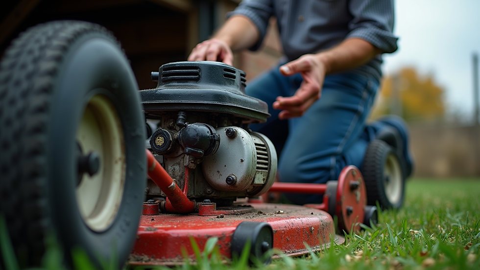 Eye-level view of a mobile small engine repair technician working on a lawn mower
