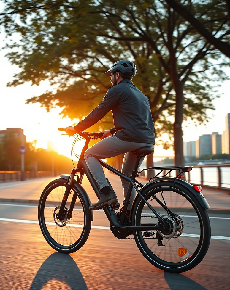 A high-resolution cinematic shot of a stylish urban commuter in full smart-casual riding k