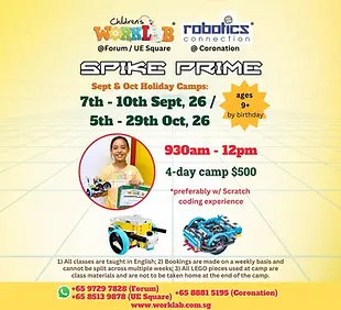 Childrens Worklab and Robotics Connection SPIKE Prime Camp Lego Robotics September and October Holiday Camps 2026