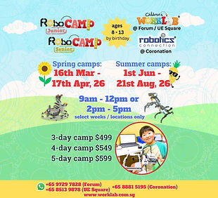 Childrens Worklab & Robotics Connection Robocamp JrSr Spring Break, April, Easter, June & Summer Holiday Camps 2026