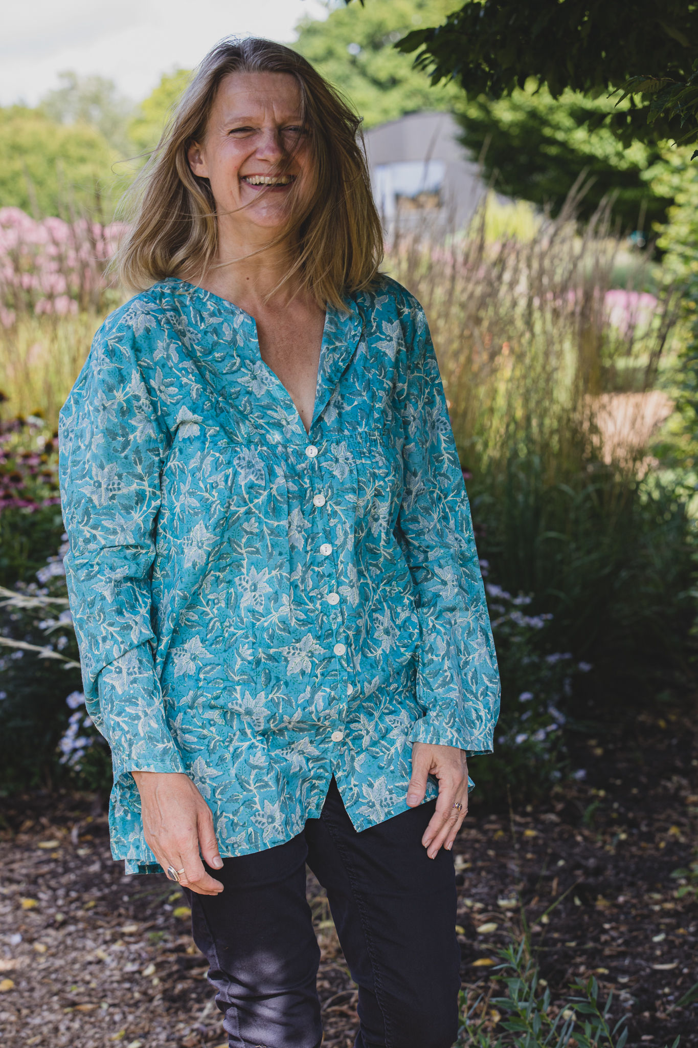 Cotton Shirt, Gathering Blouse, Blue Flower