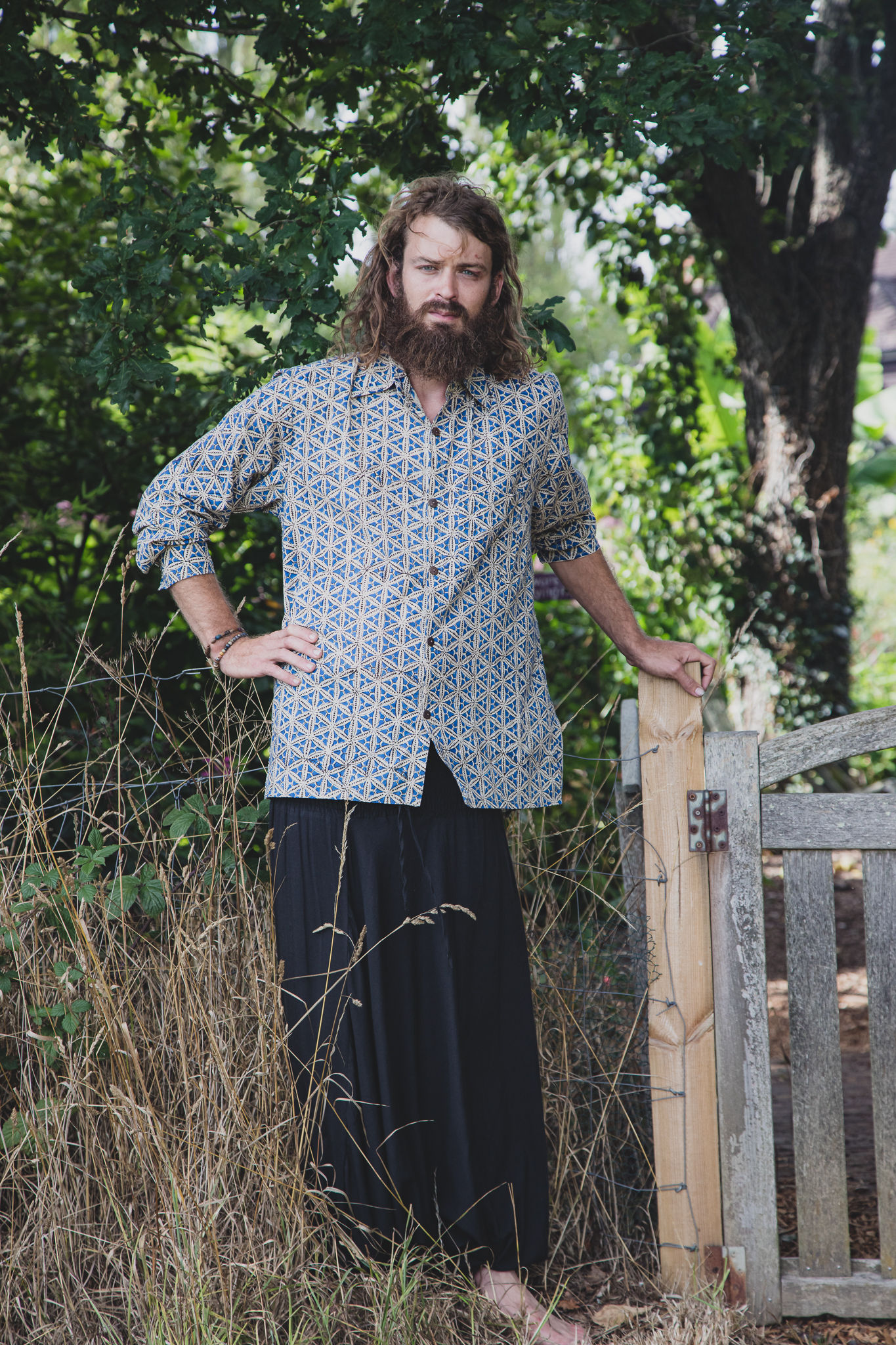 Cotton Men's Shirt, Blue Geometric Flower, Short Sleeves