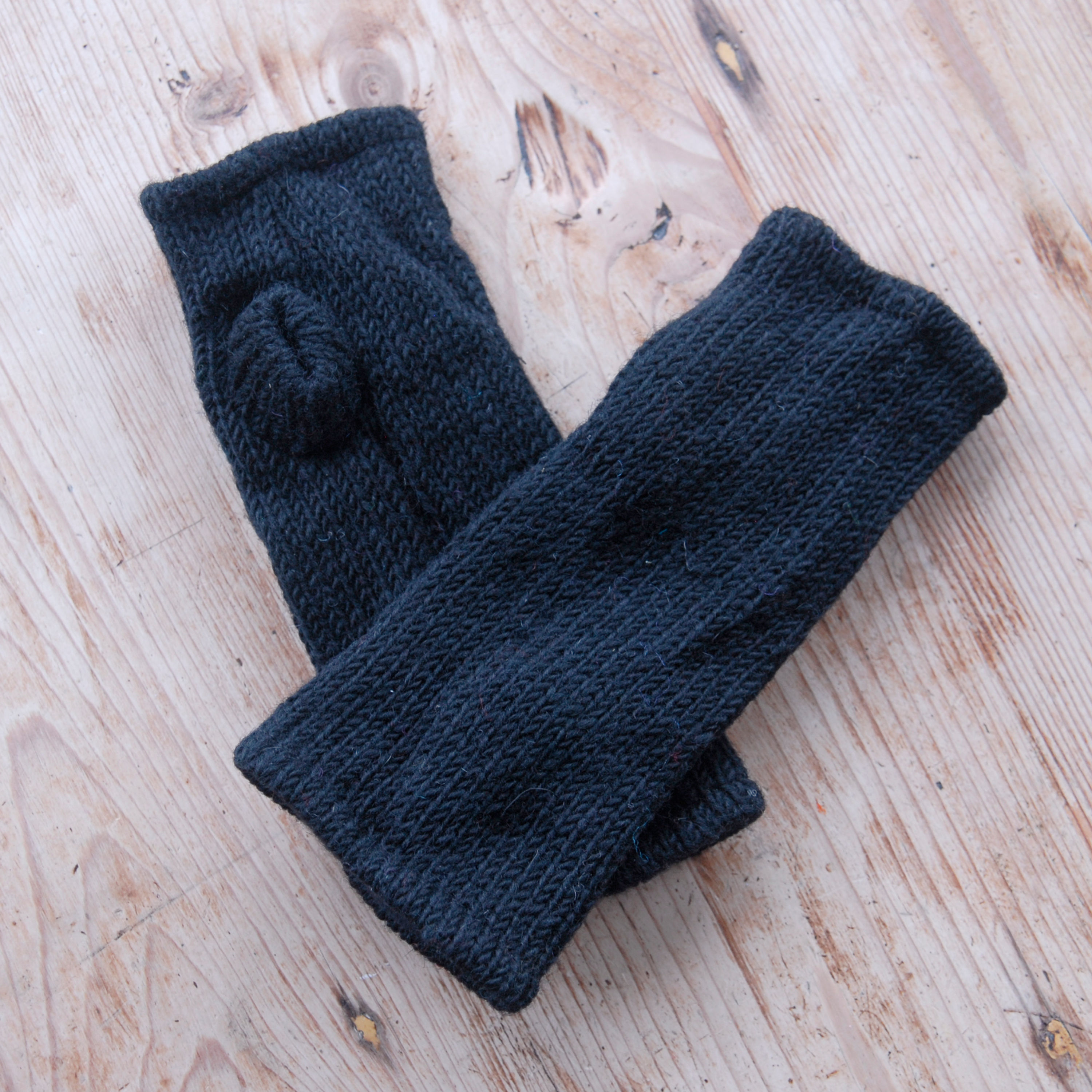Fleece Lined Woollen Fingerless Gloves Black