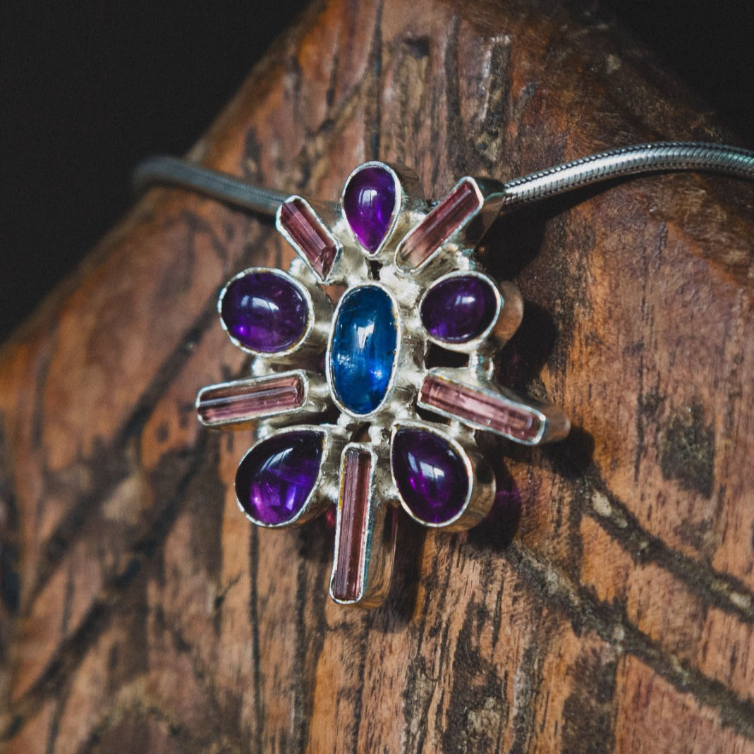 Amethyst, Pink Tourmaline And Blue Kyanite Flower Pendant