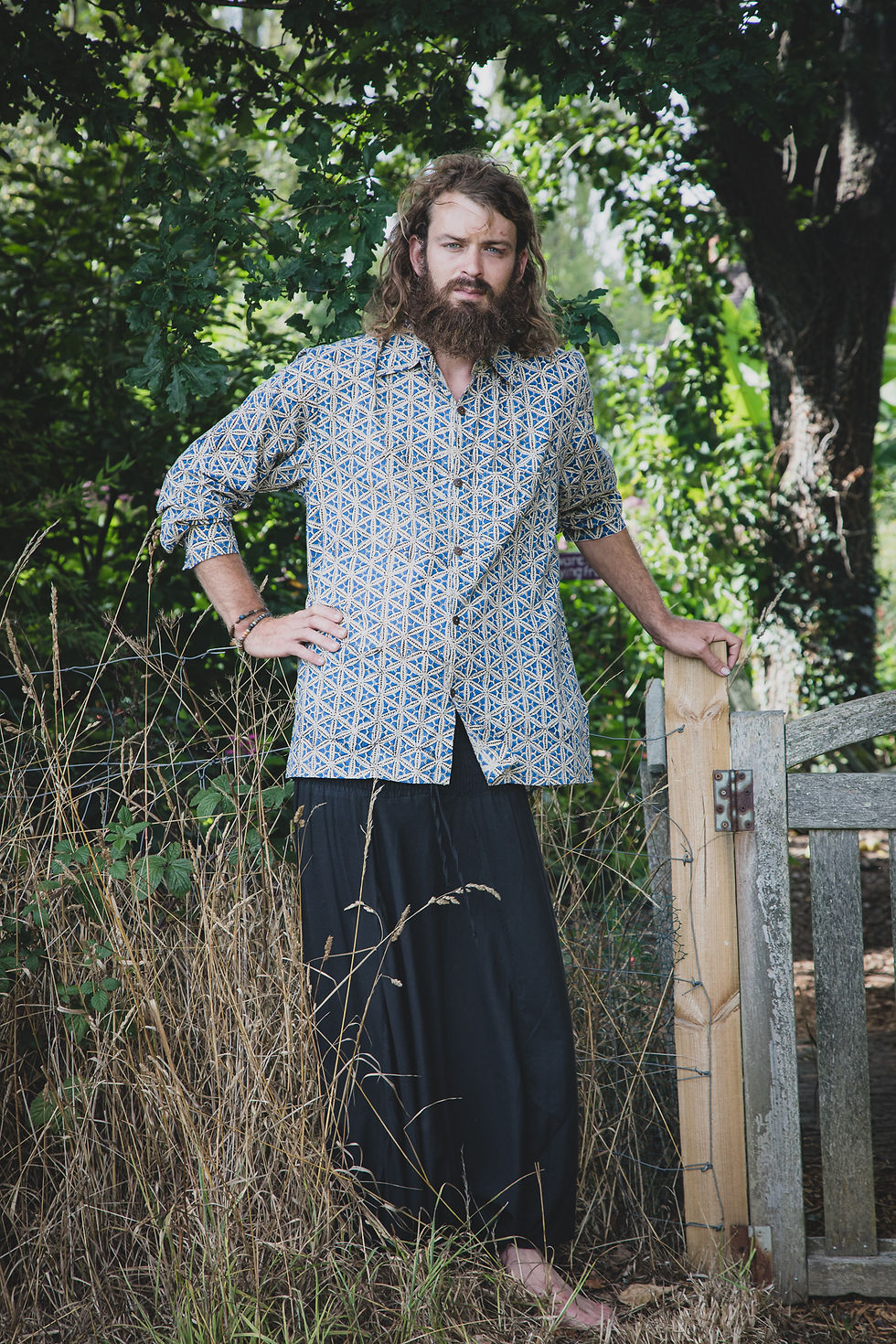 Thumbnail: Cotton Men's Shirt, Blue Geometric Flower, Short Sleeves
