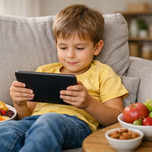 Kind sitzend auf einem Sofa mit einem Tablet in der Hand.