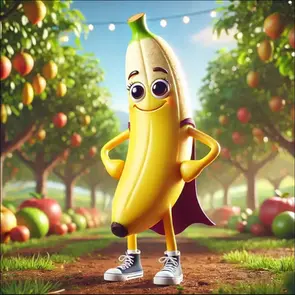 Betti Banane aus dem Knabbergarten lÀchelt fröhlich in die Kamera und hÀlt eine reife Banane in der Hand