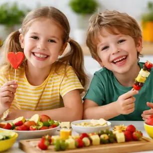 Kinder genießen bunt angerichtetes Obst und Gemüse als gesunden Snack – Obst für Kinder als Alternative zu Süßigkeiten