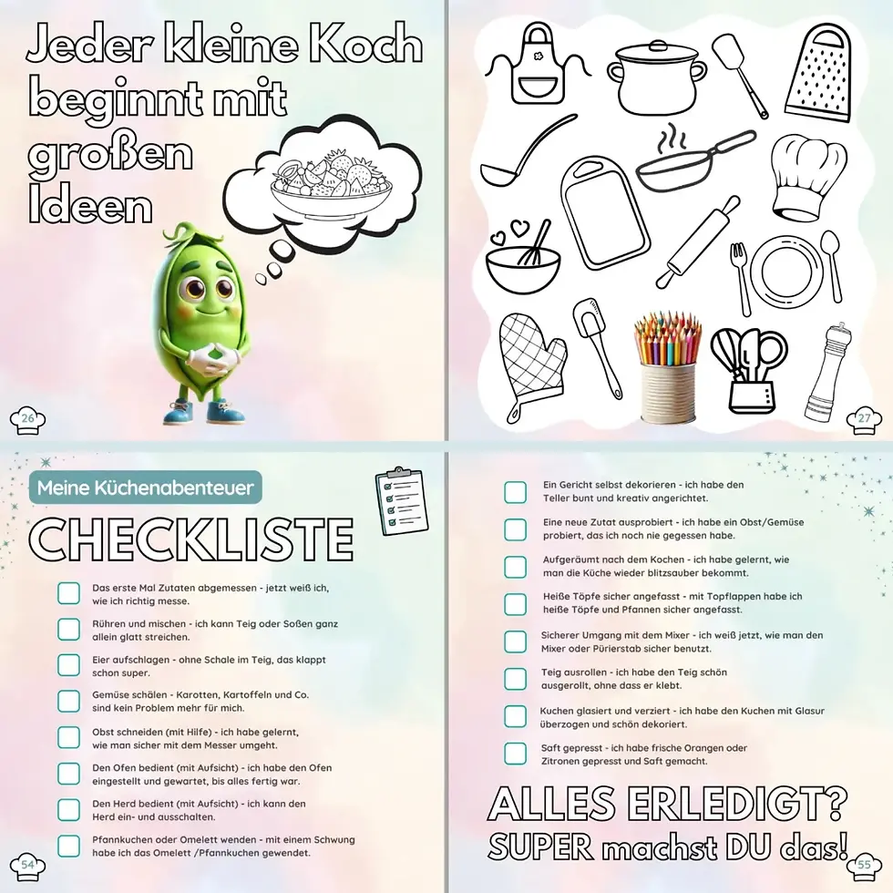 Miniaturbild: Innenansicht des Kinderrezeptebuchs mit buntem Obst- und Gemüse-Design.