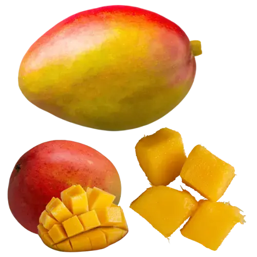 Reife Mangos ganz und aufgeschnitten